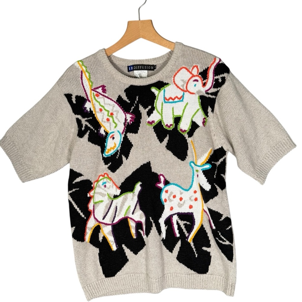 Vintage IB Diffusion Animals Short Sleeve Sweater Novelty Safari S